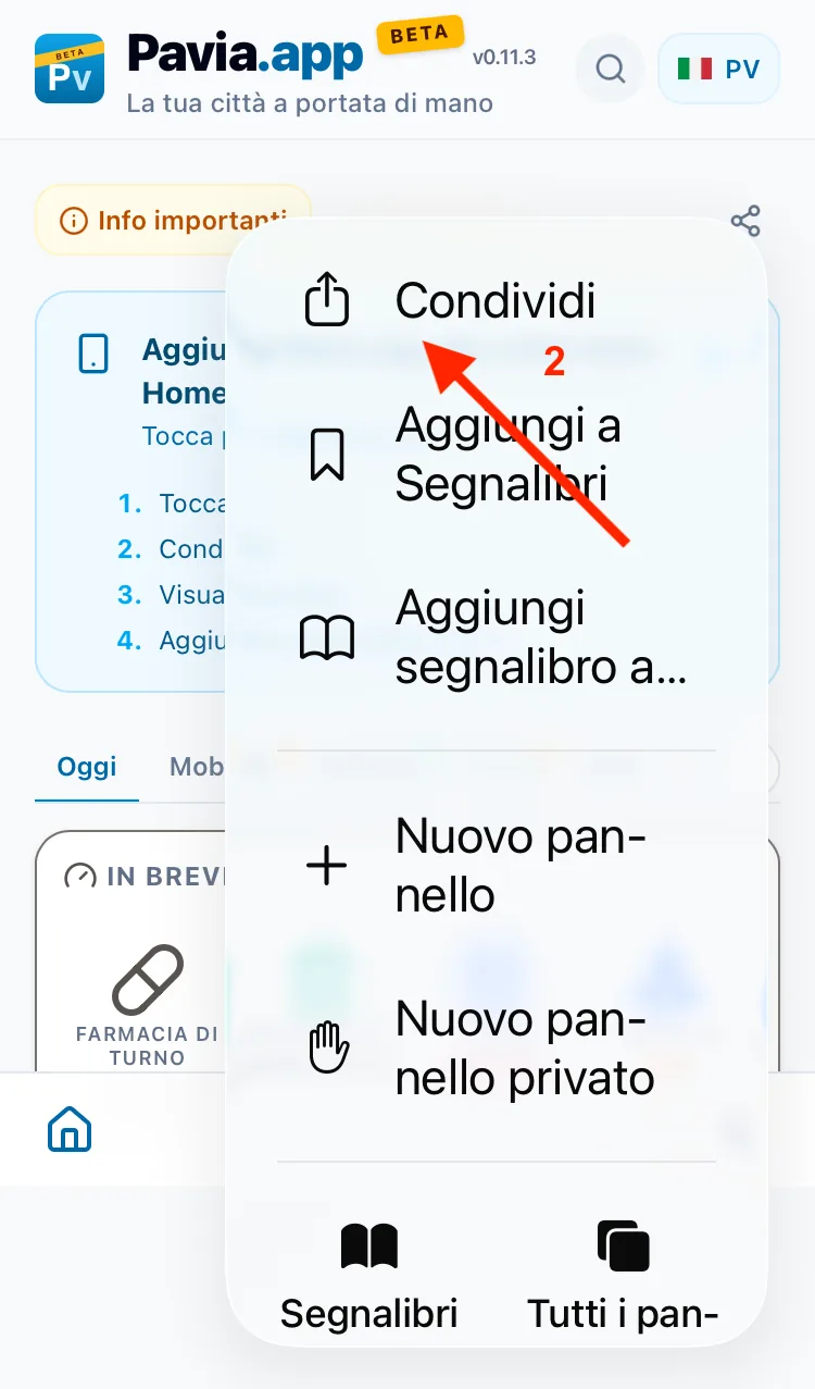 Il menu di Safari aperto: la freccia indica la voce Condividi, la prima dell'elenco.