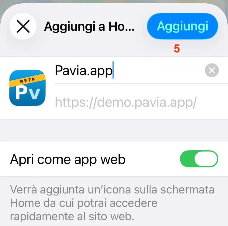 La schermata Aggiungi a Home con il nome del sito, l'interruttore Apri come app web attivo e il pulsante Aggiungi in alto.