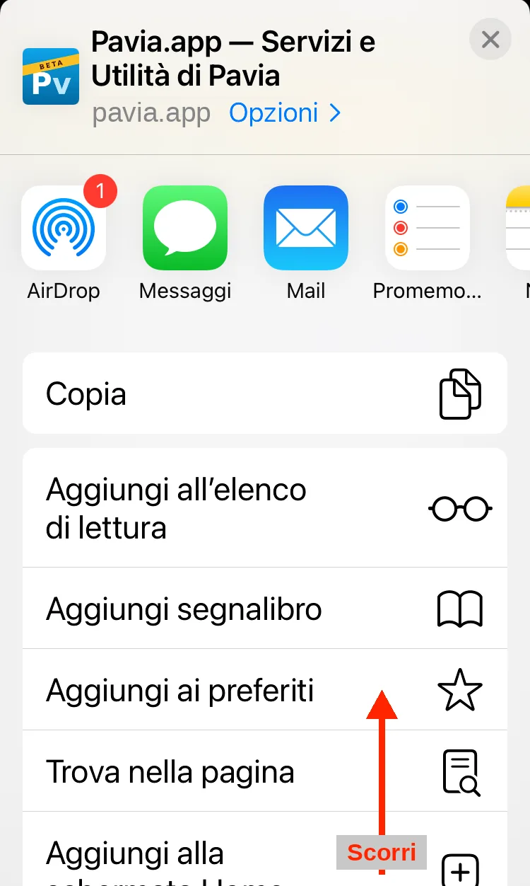 Il pannello di condivisione appena aperto: una freccia verso l'alto indica di scorrere l'elenco.