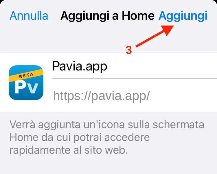 La schermata Aggiungi a Home con il nome del sito: la freccia indica Aggiungi in alto a destra.